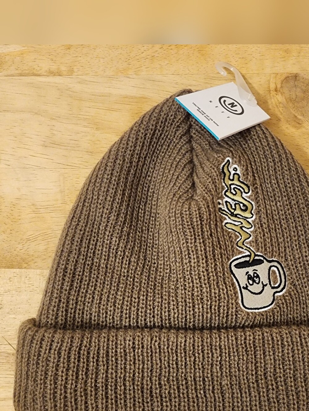 Neff Brown Knit Beanie with Happy Smiley Coffee Steam Patch